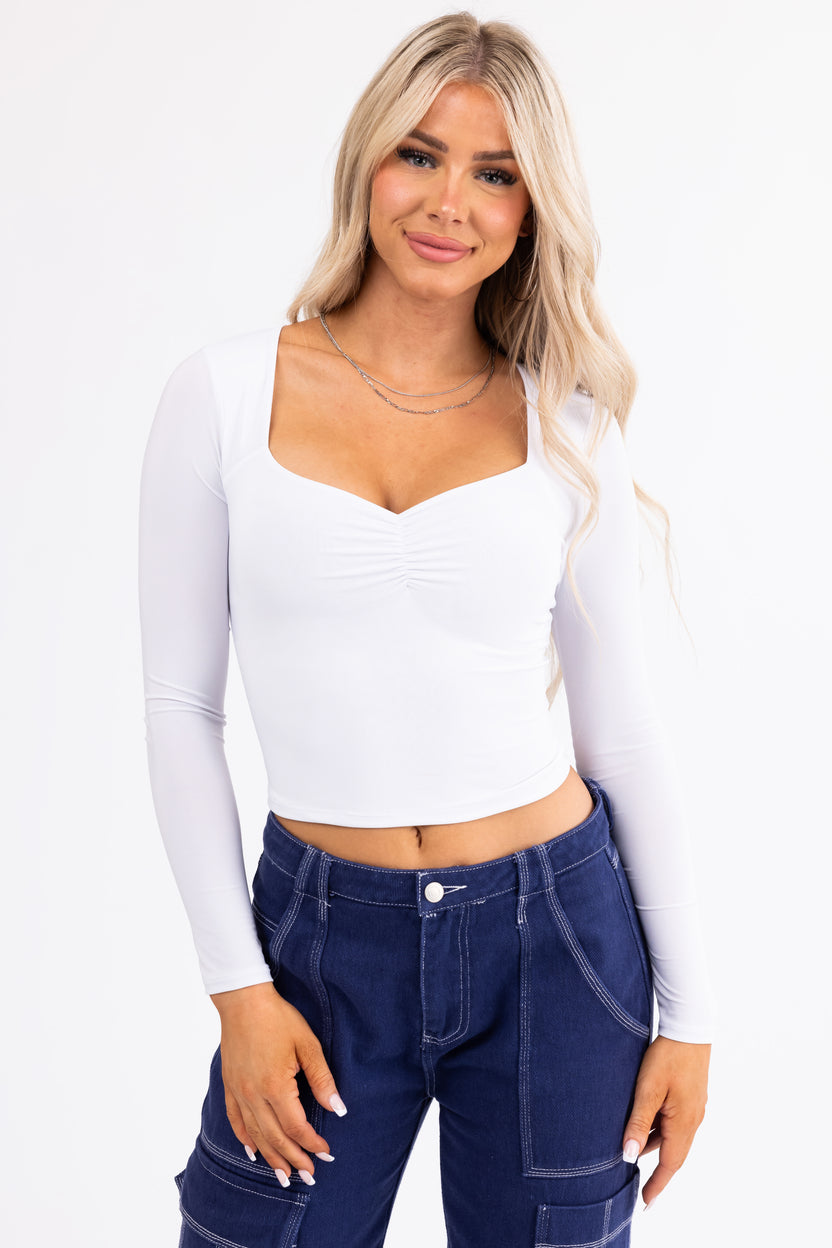 White Sweetheart Neck Long Sleeve Crop Top