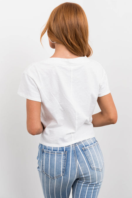 White V Neck Short Sleeve Cropped Tee