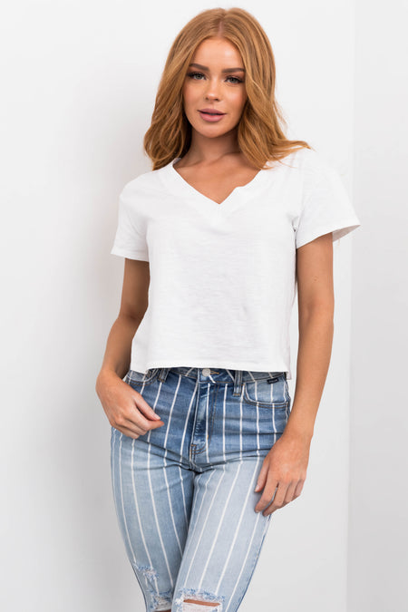 White V Neck Short Sleeve Cropped Tee