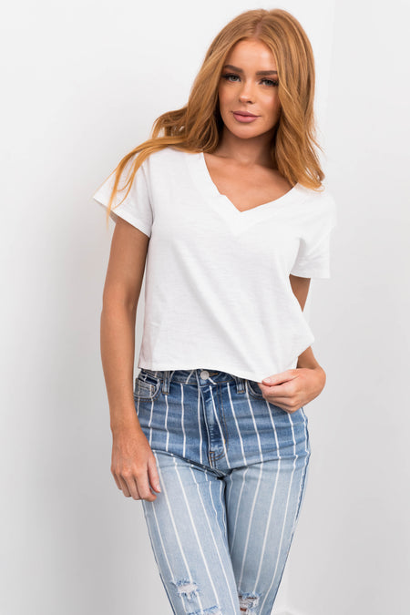 White V Neck Short Sleeve Cropped Tee