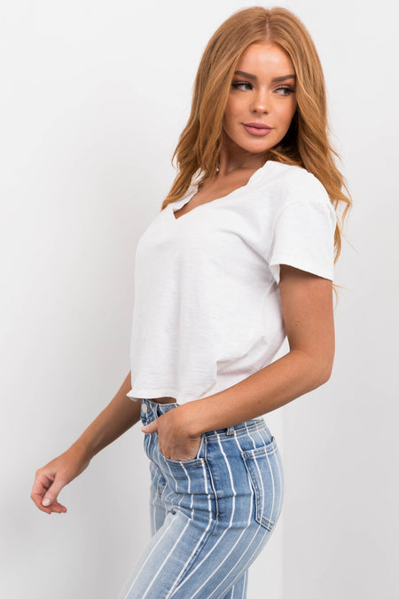 White V Neck Short Sleeve Cropped Tee