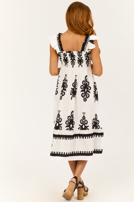 White and Black Abstract Print Smocked Midi Sun Dress