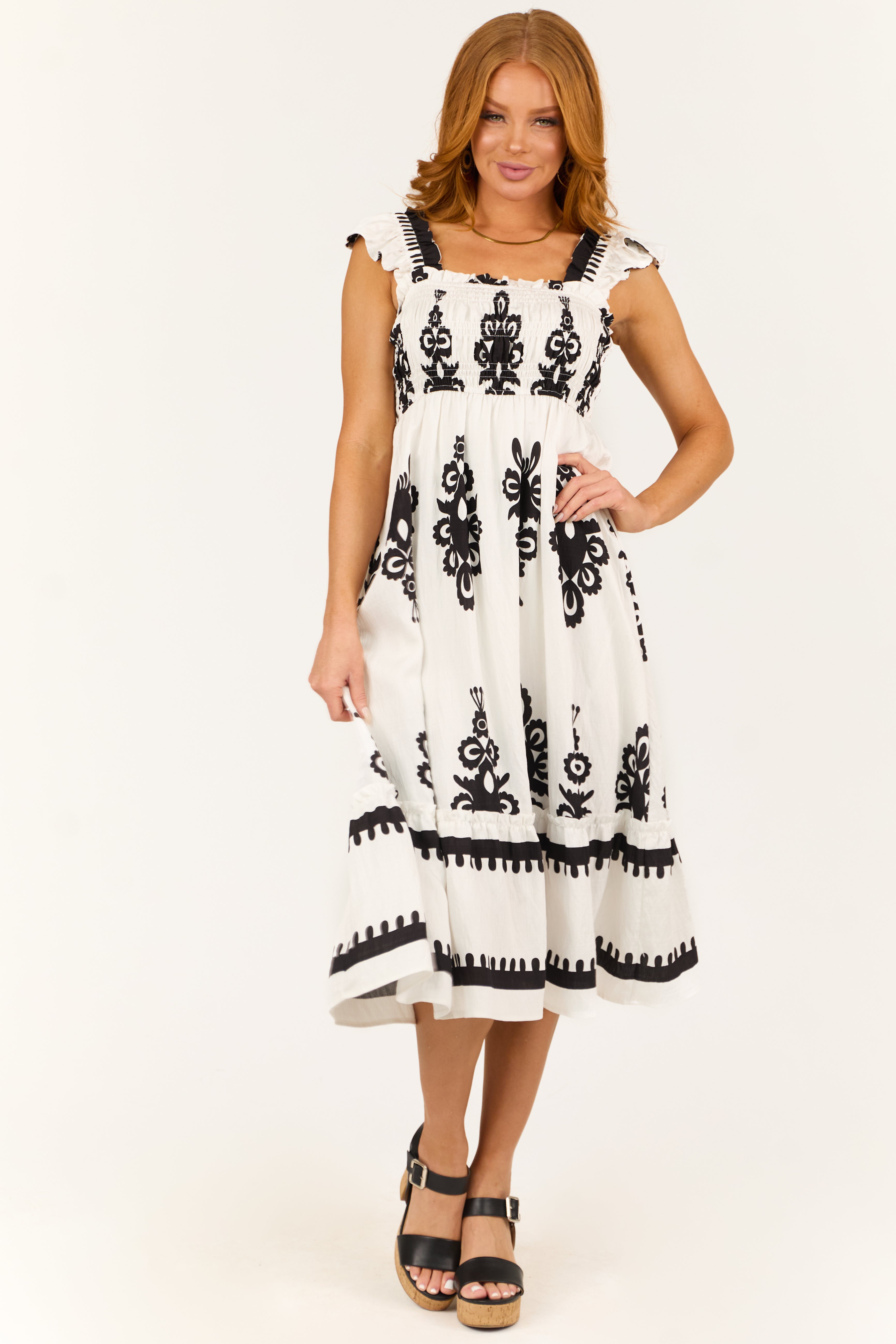 White and Black Abstract Print Smocked Midi Sun Dress