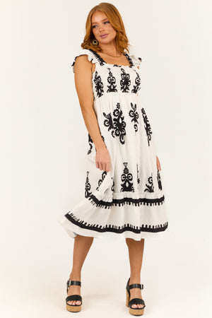 White and Black Abstract Print Smocked Midi Sun Dress