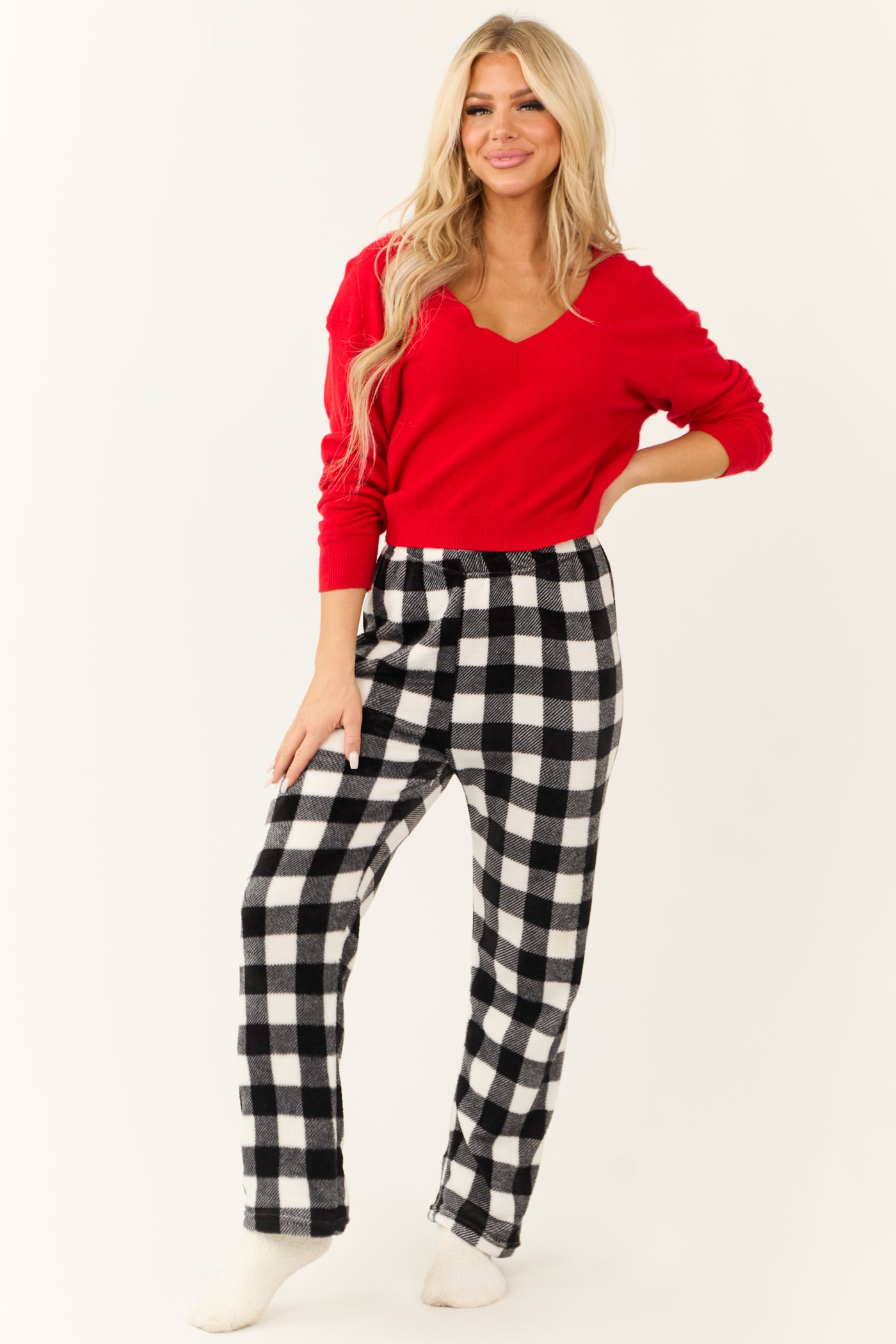 White and Black Buffalo Plaid Fleece Pajama Pants