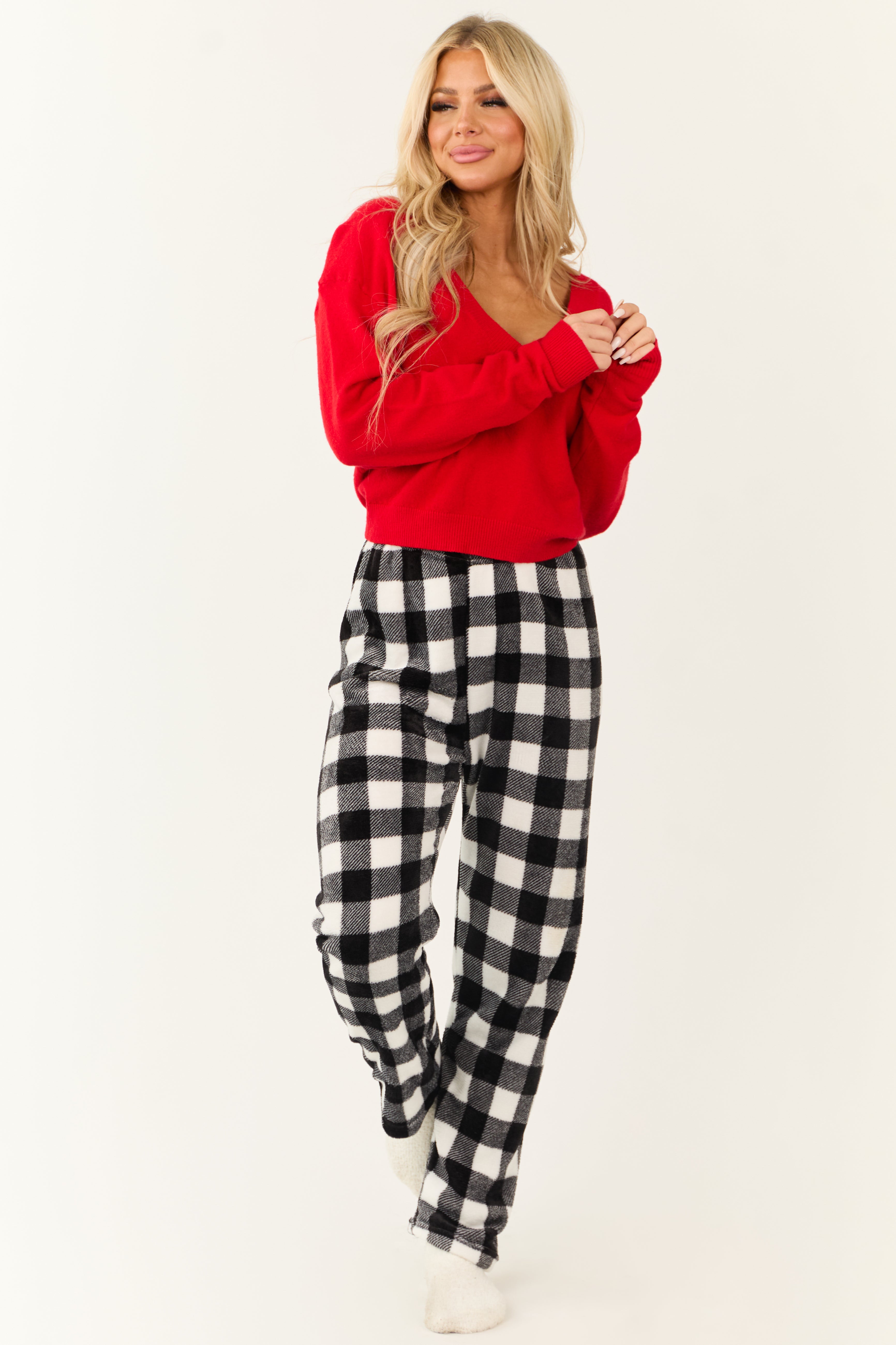 White and Black Buffalo Plaid Fleece Pajama Pants