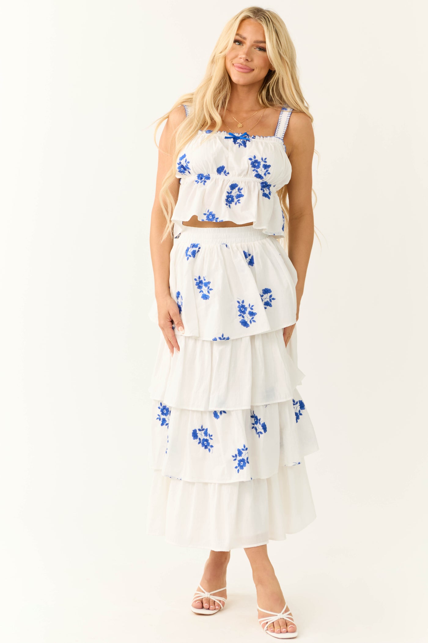 White and Cobalt Floral Embroidered Skirt