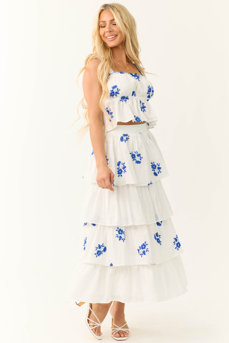 White and Cobalt Floral Embroidered Skirt