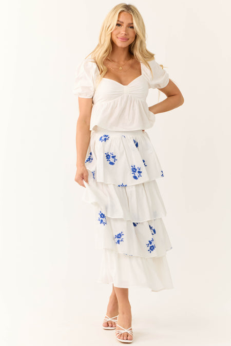 White and Cobalt Floral Embroidered Skirt