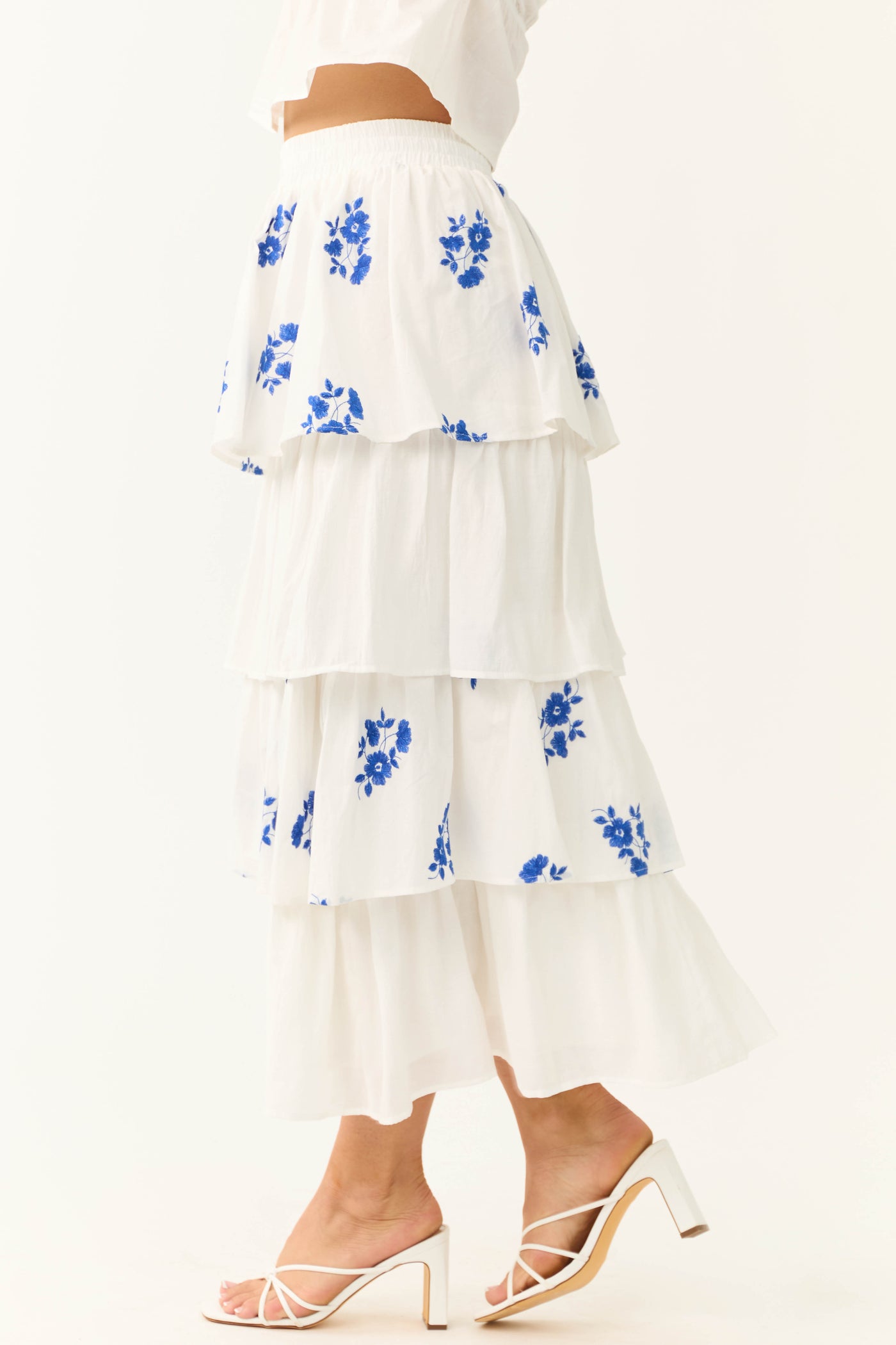 White and Cobalt Floral Embroidered Skirt