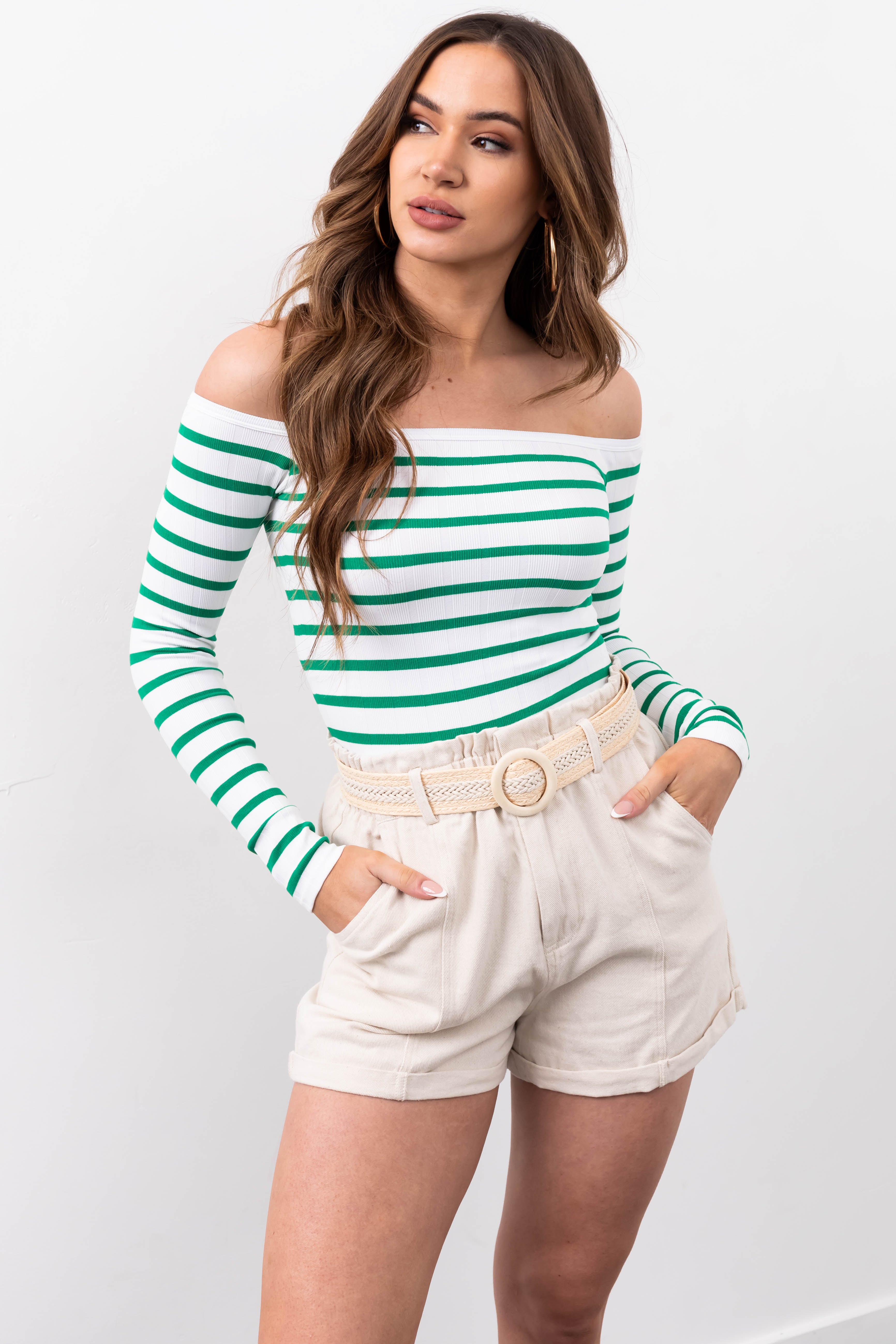 White and Jade Striped Long Sleeve Knit Top