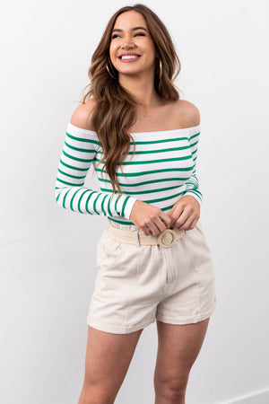 White and Jade Striped Long Sleeve Knit Top