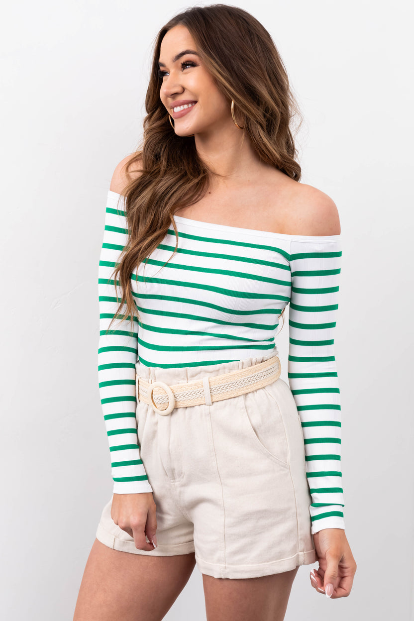 White and Jade Striped Long Sleeve Knit Top