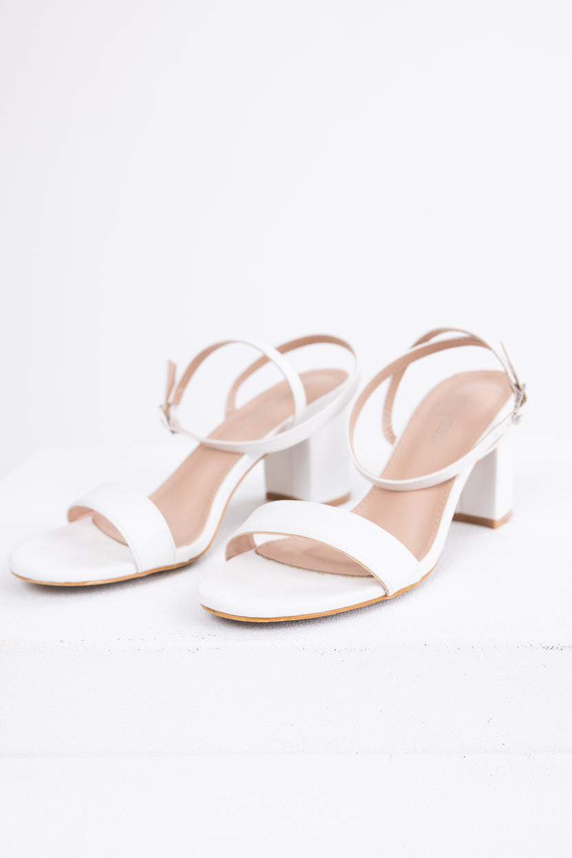 White Ankle Strap Block Heels