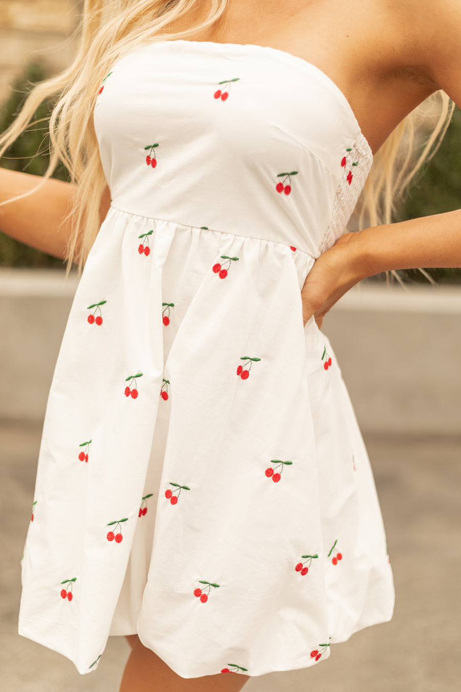 White Cherry Pattern Strapless Bubble Hem Mini Dress