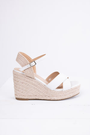 White Cross Strap Espadrille Wedge Heels