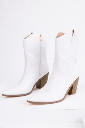 White Embroidered Pointed Toe Western Booties