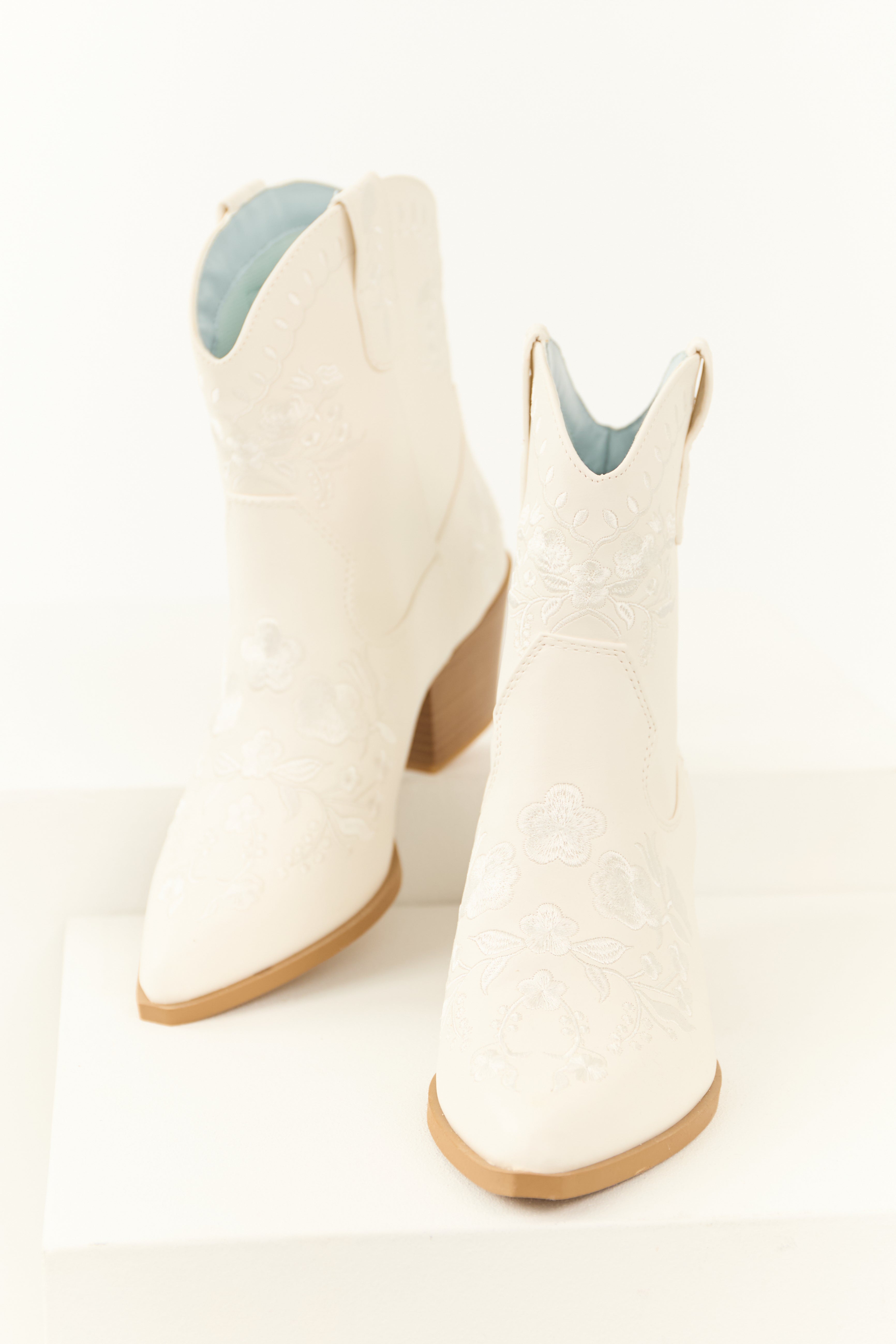 White Floral Embroidered Stacked Heel Booties