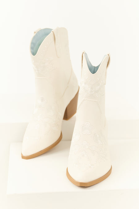 White Floral Embroidered Stacked Heel Booties