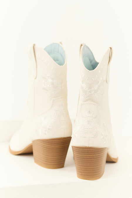 White Floral Embroidered Stacked Heel Booties