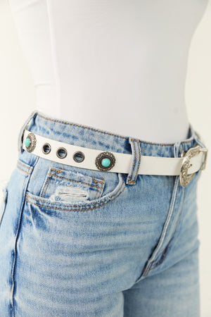 White Floral Etched Buckle Faux Leather Belt