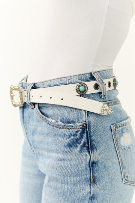 White Floral Etched Buckle Faux Leather Belt