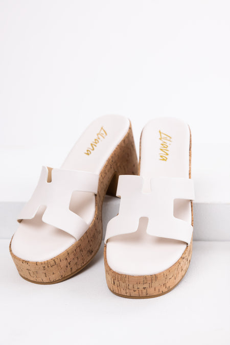 White Geometric Strap Cork Platform Heels