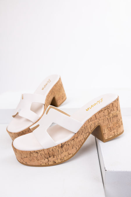 White Geometric Strap Cork Platform Heels