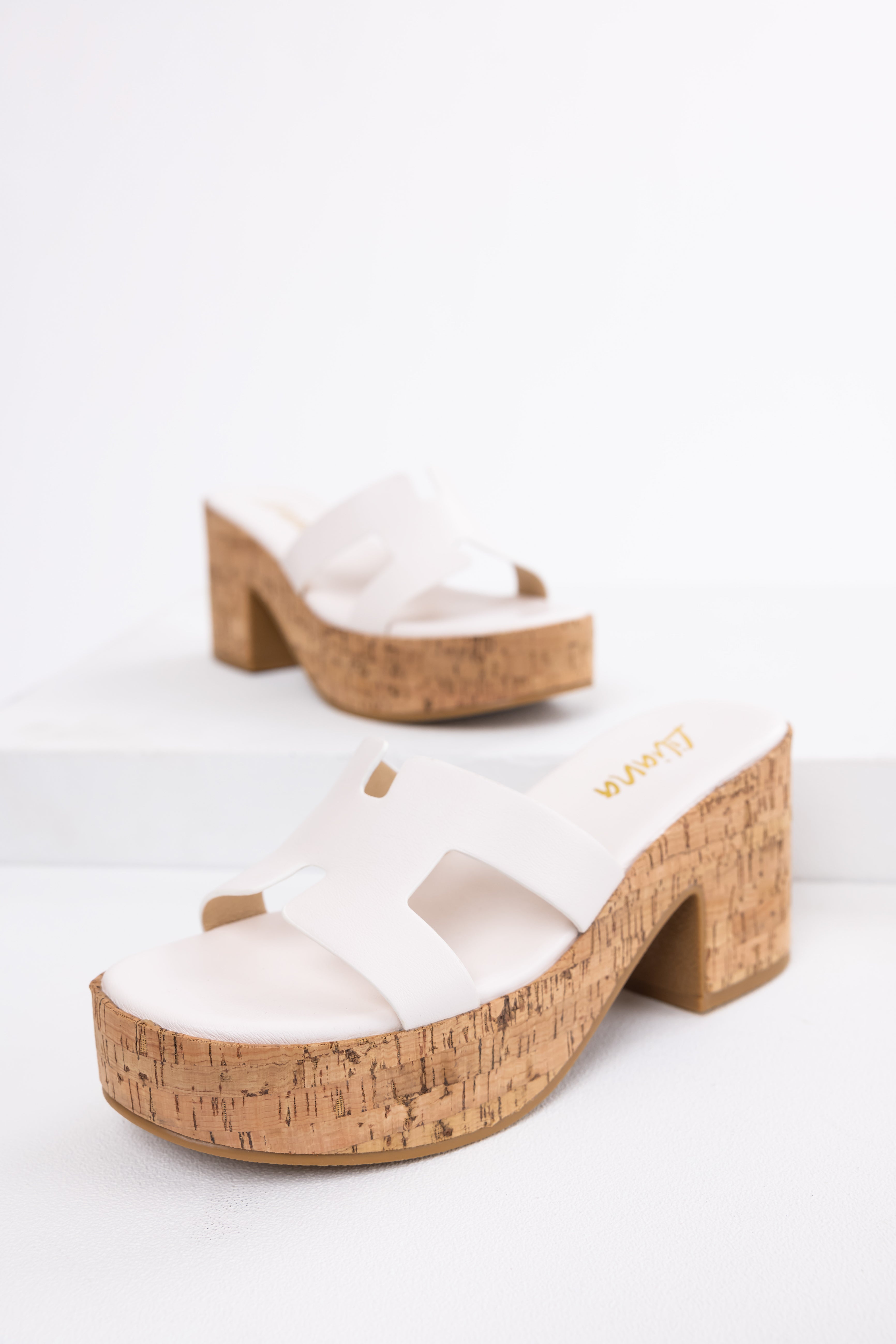 White Geometric Strap Cork Platform Heels