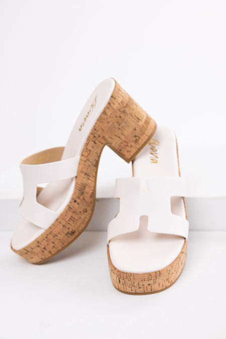 White Geometric Strap Cork Platform Heels