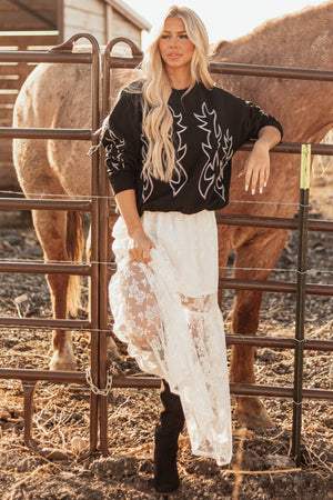 White High Waist Sheer Lace Maxi Skirt