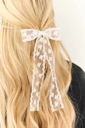 White Lace Ribbon Bow Ponytail Hair Clip