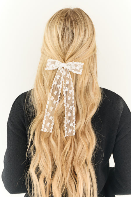 White Lace Ribbon Bow Ponytail Hair Clip