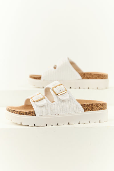 White Raffia Buckle Strap Casual Sandals