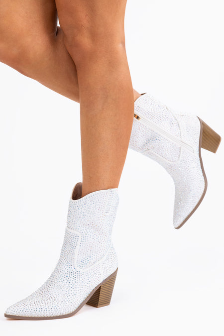 White Rhinestone Embellished Pointed Toe Booties