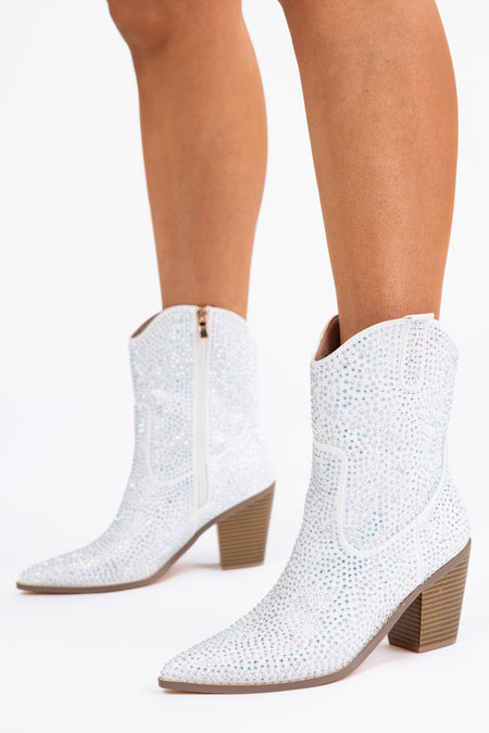 White Rhinestone Embellished Pointed Toe Booties