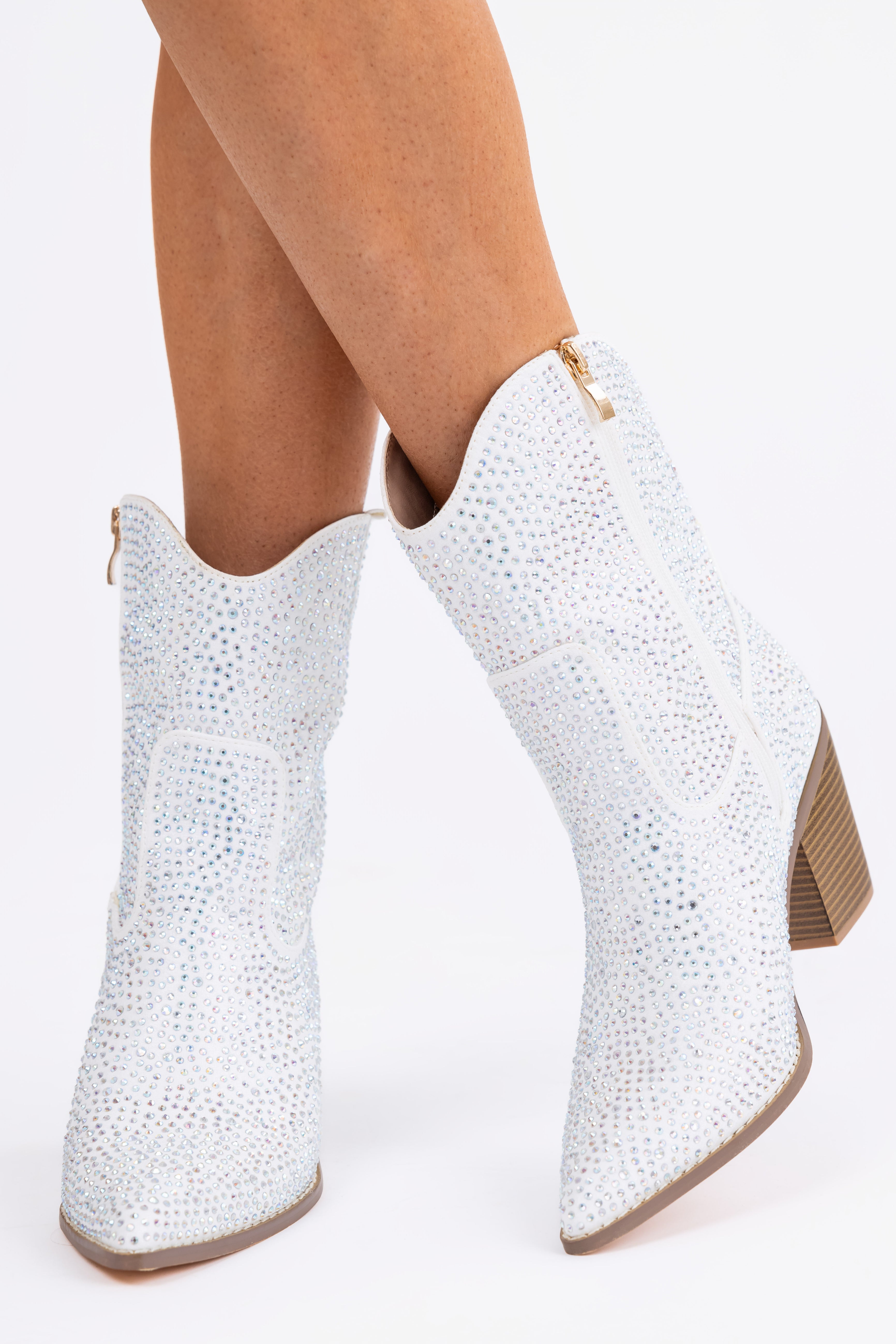 White Rhinestone Embellished Pointed Toe Booties