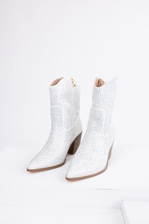 White Rhinestone Embellished Pointed Toe Booties