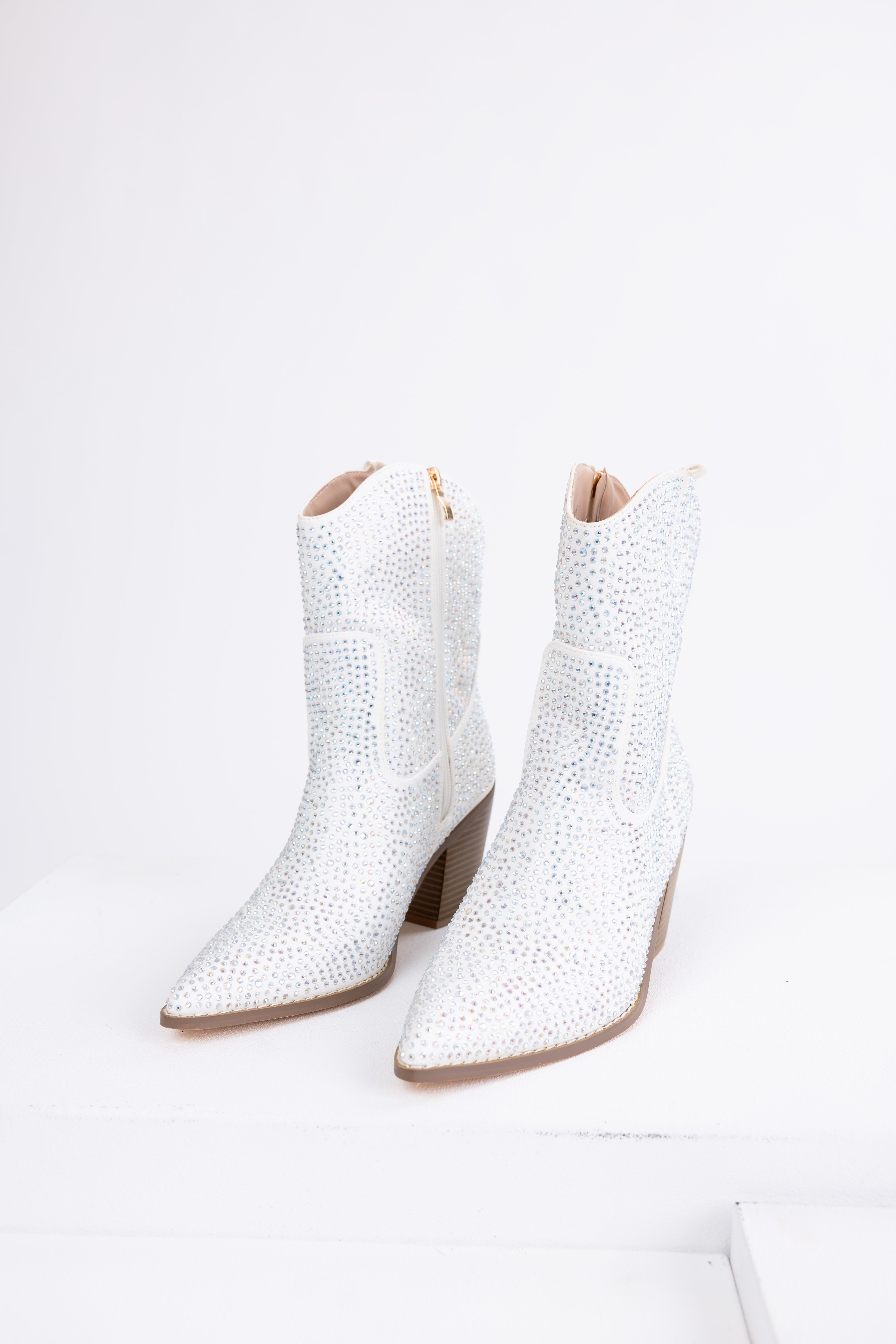 White Rhinestone Embellished Pointed Toe Booties