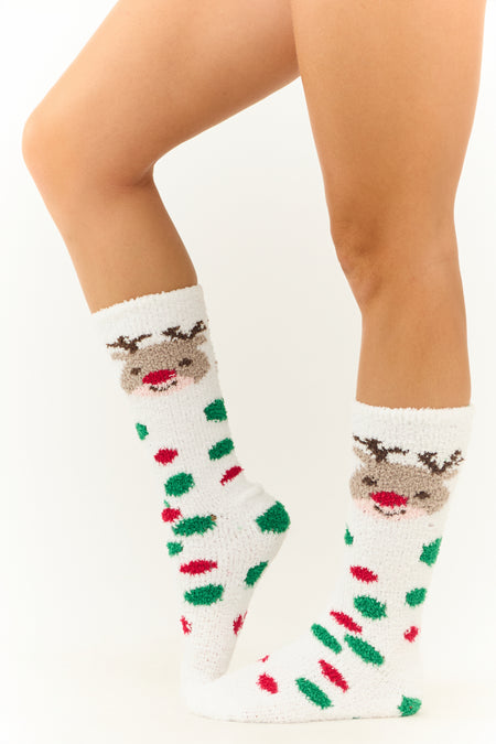 White Rudolph Polka Dot Print Fleece Fuzzy Socks