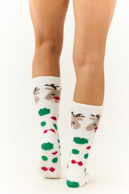 White Rudolph Polka Dot Print Fleece Fuzzy Socks