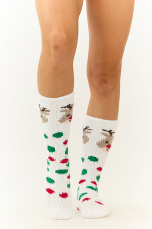 White Rudolph Polka Dot Print Fleece Fuzzy Socks