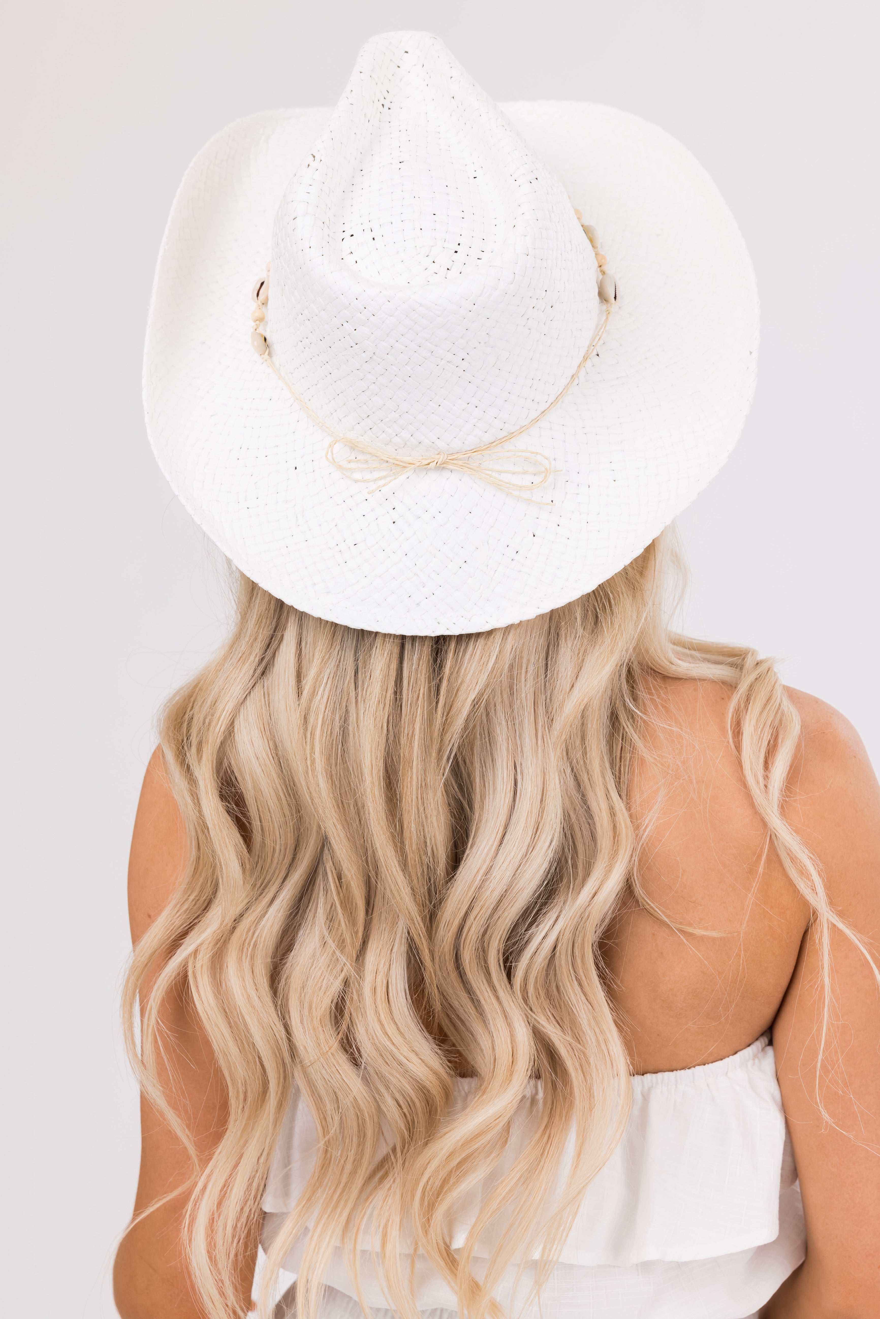 White Seashell Strap Western Straw Hat