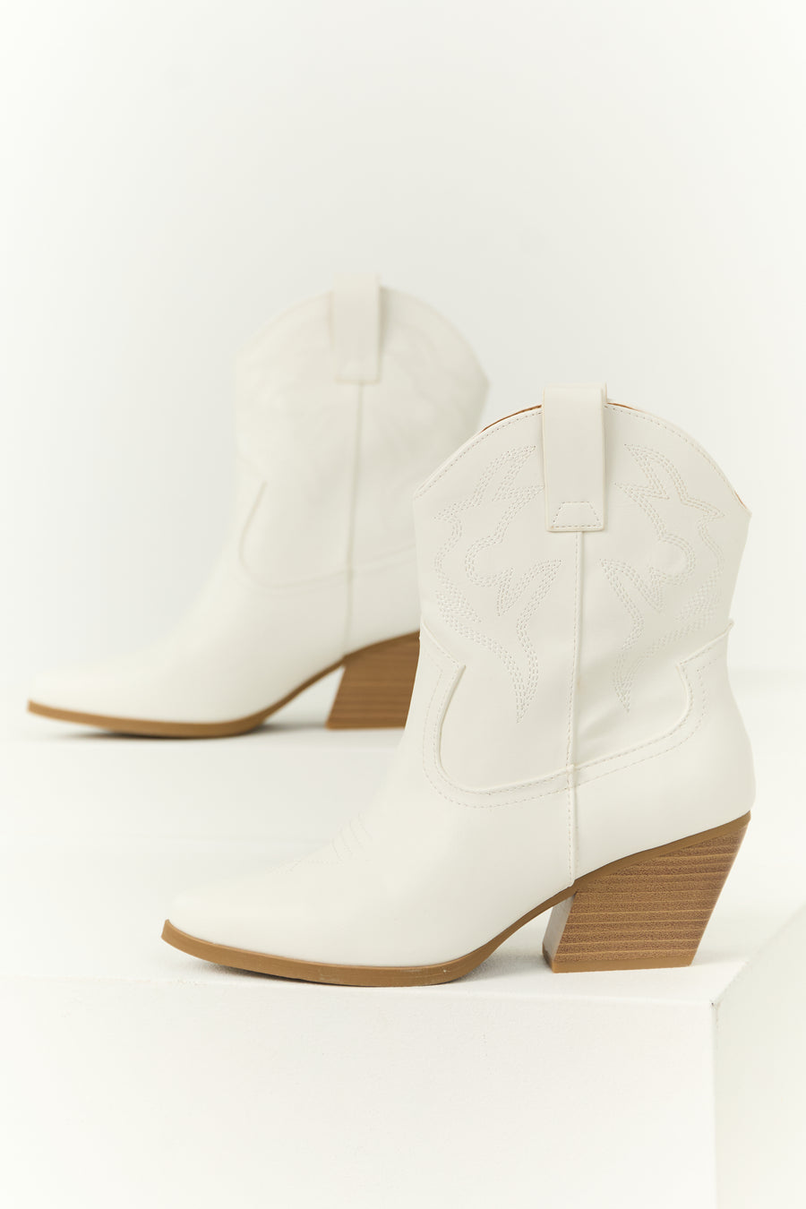 White Western Stitching Detail Ankle Booties