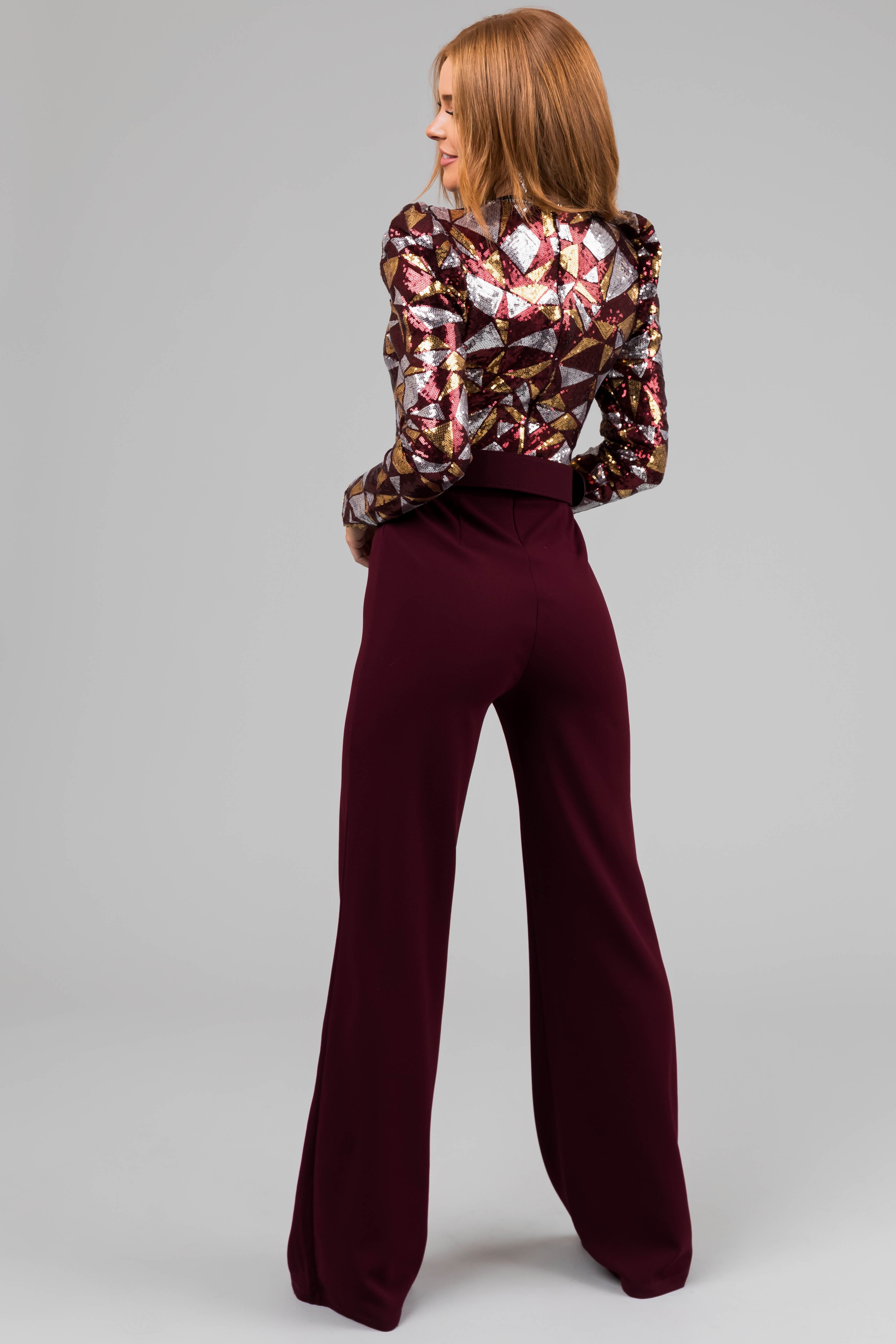 Wine Abstract Sequin Print Wide Leg Jumpsuit