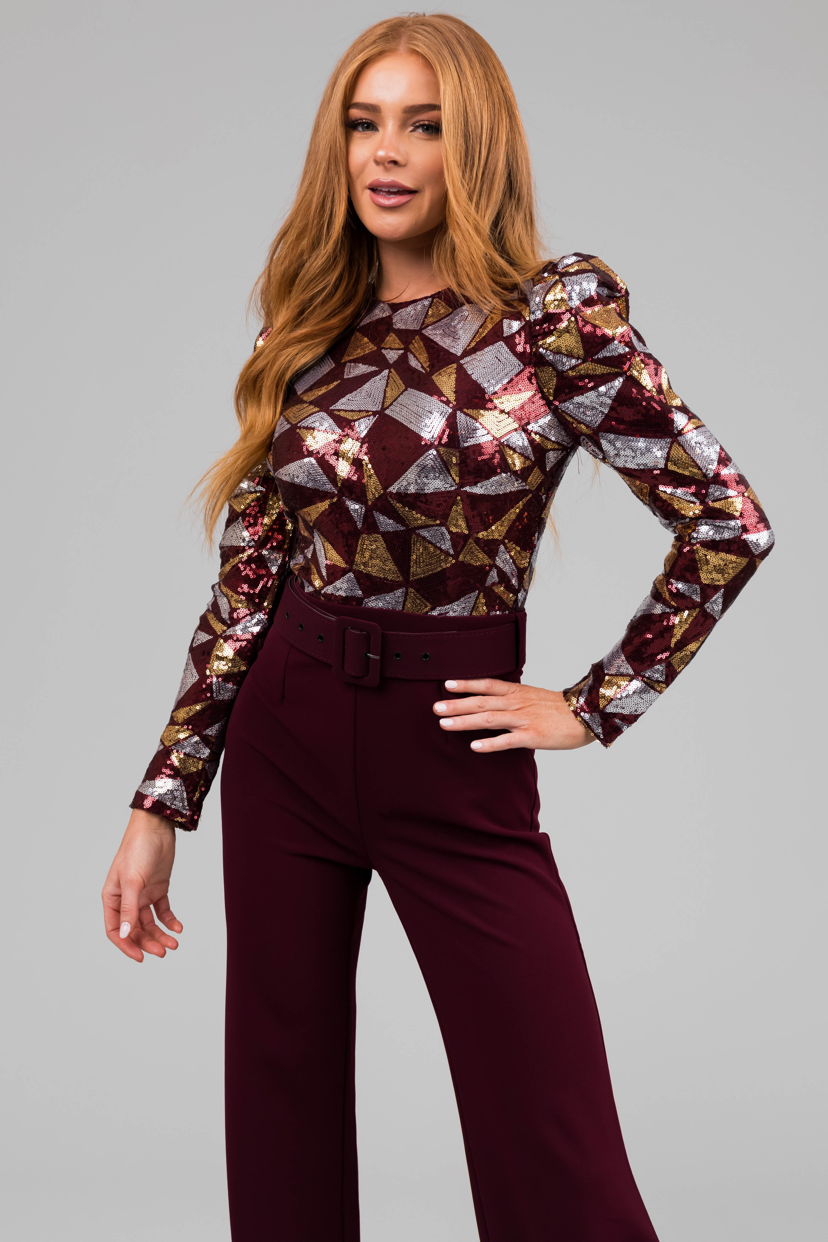 Wine Abstract Sequin Print Wide Leg Jumpsuit