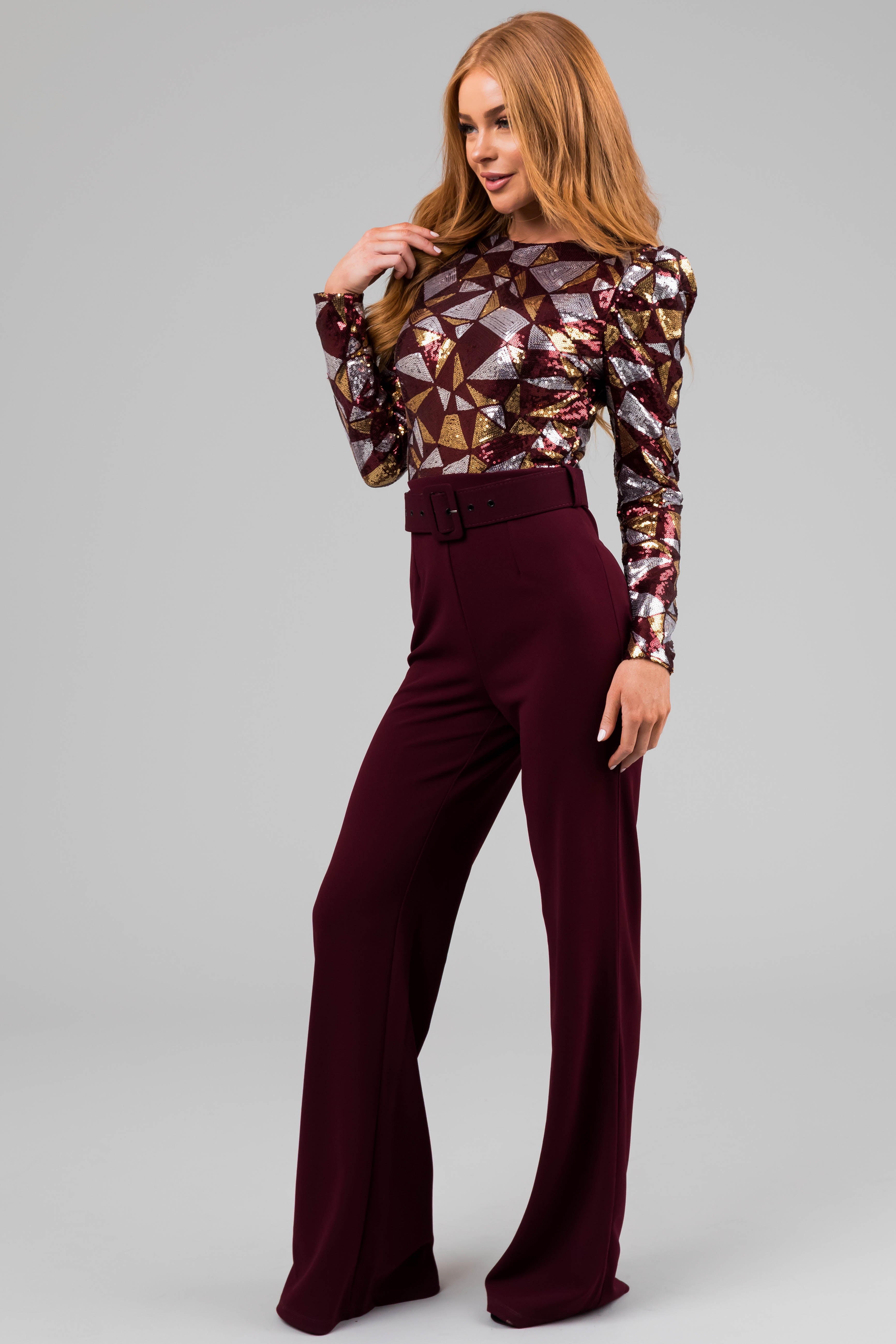 Wine Abstract Sequin Print Wide Leg Jumpsuit