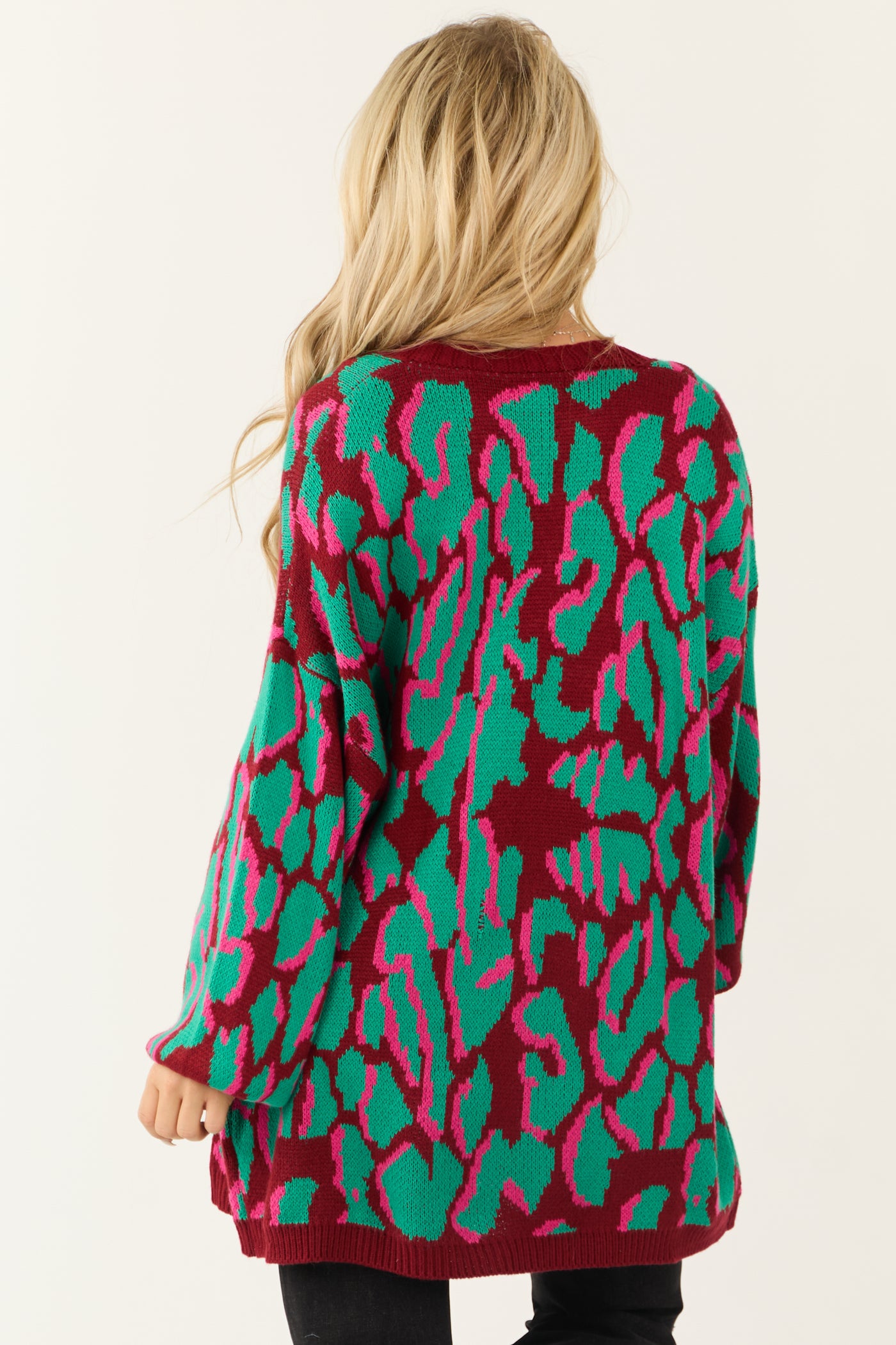 Wine Animal Print Open Front Knit Cardigan