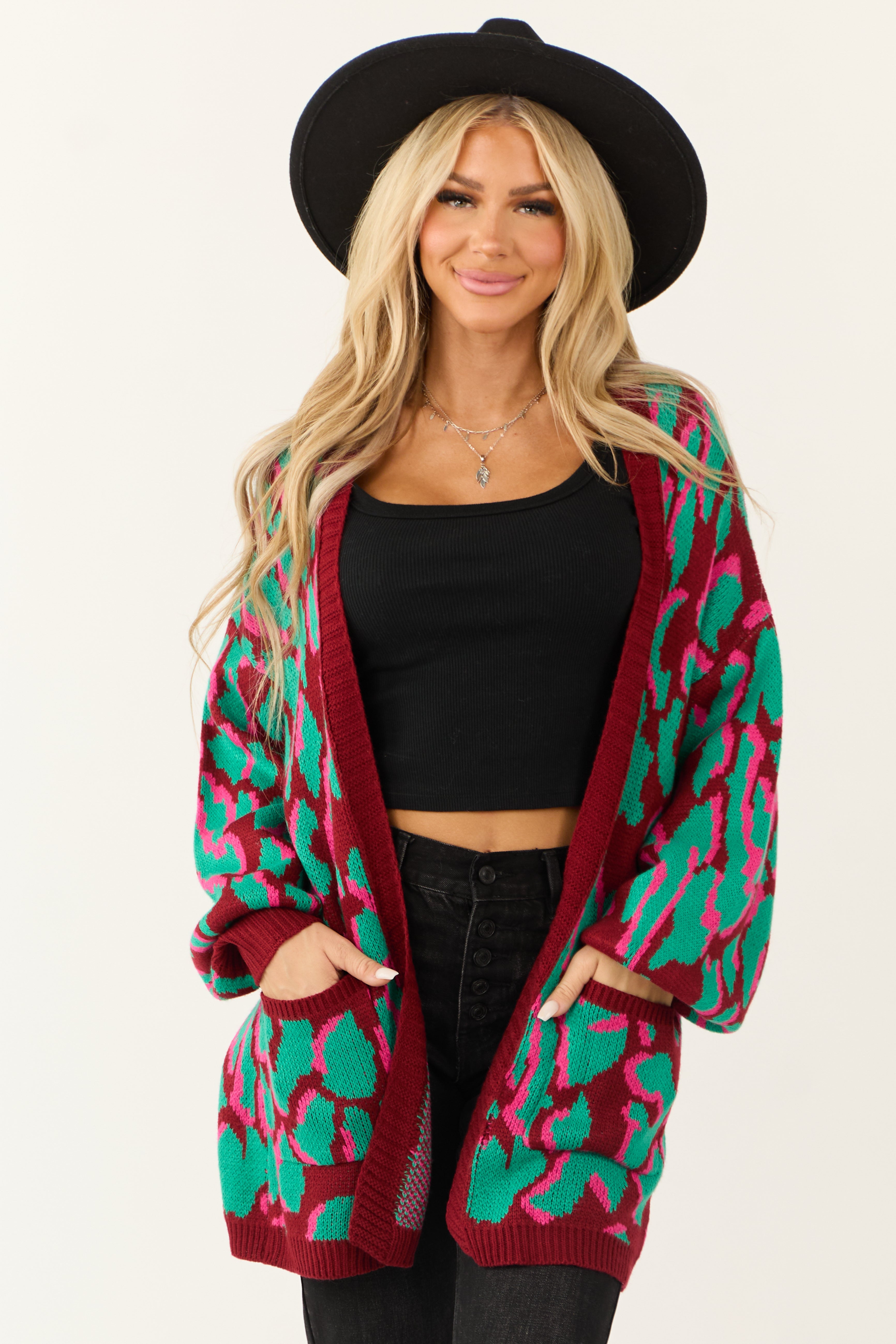 Wine Animal Print Open Front Knit Cardigan