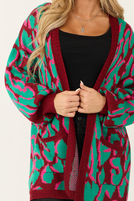 Wine Animal Print Open Front Knit Cardigan